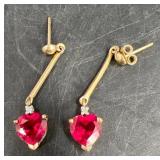 Pair Heart-Shaped Drop Earrings w Red Stones