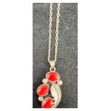 Native Sterling Silver & Coral Necklace Signed