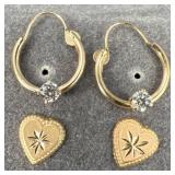 2 Pairs of 14K Gold Earrings ï¿½ Hearts & Hoops