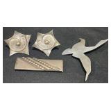 Vntg Sterling Silver Earrings, Hair Clip, Bird Pin