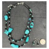 Beaded Turquoise 2-Strand Necklace w Earrings Set
