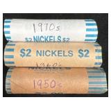 3 Rolls of Nickelsï¿½ 1950s, 60s & 70s w 58 pre-1964