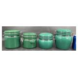 4 Vntg Green Ceramic Canister Containers w Lids