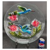 Glass Hummingbirds & Flowers Decor Plate w Stand