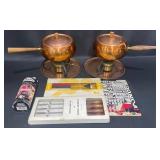 2 Vintage 1970ï¿½s Copper Fondue Pots w Fuel, Forks+