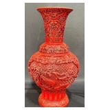 Chinese Carved Cinnabar Lacquer Brass Vase