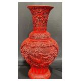 Chinese Carved Cinnabar Lacquer Brass Vase