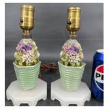Vntg Pair Elfinware Lilac Flowerpot Boudoir Lamps