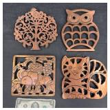 4 Assorted Vintage Trivets ï¿½ Owl, Cat, Tree +