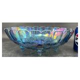 Iridescent Blue Carnival Indiana Glass Footed Bowl