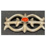 Felix Joe Signed Coral & Sterling Navajo Brooch