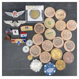 Vintage Lapel Pins, Coins, Wooden Nickels, Tokens