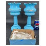 Pair Vintage Blue Vases Candle Holders w Prisms