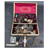 Jewelry Box w Assorted Fashion Jewelry & Watches