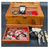 Wooden Jewelry Box w Assorted Fashion Jewelry