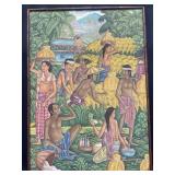 Vntg Ubud Balinese Rice Harvest Folk Art Painting