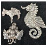 3 Sterling Silver Pins Broochesï¿½ Donkey, Seahorse+