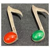 2 Vintage Sterling Music Note Pins w Carnelian +