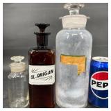 3 Antique Glass Apothecary Bottles w Stoppers