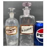 2 Antique Glass Apothecary Bottles w Stoppers