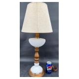 Vntg Wood & Hobnail Milk Glass Table Lamp, Works