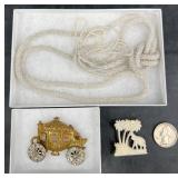 Vntg Carriage & Elephant Pins, Seed Bead Necklace