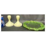 Pair Fenton Uranium Glass Candlesticks, Cake Plate