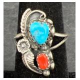 Turquoise & Coral Ring Sz 6
