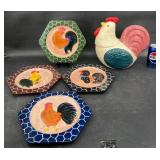 Ceramic Rooster Cookie Jar, 4 Hand-Painted Plates