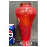 Hand-Blown Red Art Glass Vase w Clear Base