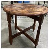 Folding Vintage Round Side Table w Inlaid Wood Top