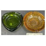2 Vintage Glass Ashtrays  Amber & Green