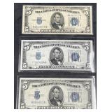 3 $5 Silver Certificates Blue Seal 1934-D