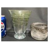 2 Hand-Blown Mossy Swirl Art Glass  Vase, Bowl