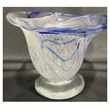 Hand-Blown Art Glass Blue & White Swirl Bowl