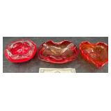 3 Vintage Red Glass Ashtrays, Various Shapes