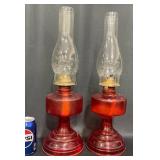 2 Red Glass Oil Lamps w Chimneys