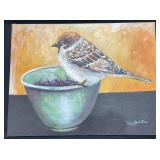 Original Bird on Bowl Painting by Blue Bond