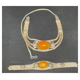Tibetan Silver & Copal Necklace & Bracelet Set