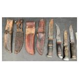 4 Vntg Fixed-Blade Knives w Leather Sheaths- Pal+