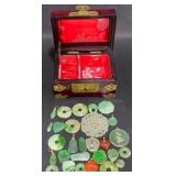 Vntg Chinese Wooden Jewelry Box, Jade Pendants
