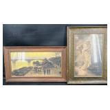 2 Antique Art Prints w Wood & Gilded Frames