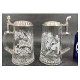 2 Etched Glass Beer Steins w Lids  NFL & Deer