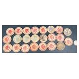 23 Assorted Wooden Nickels, Various Designs