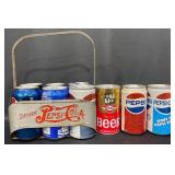 Vntg Aluminum Pepsi 6-Pack Carrier & 9 Vntg Cans