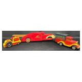 3 Vntg Wooden Toy Trucks-Buddy LFire Ladder+