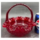 Vntg Fenton Ruby Red Glass Basket w Ruffled Rim