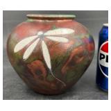 John Okson Melkonian Dragonfly Raku Pottery Vase