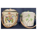 2 Vintage Majolica Biscuit Jars w Wicker Handles