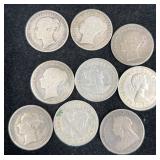 9 British One-Shilling Coins Various Years